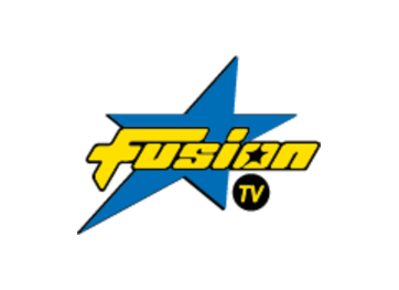 Logo de Fusion TV avec une étoile bleue et le texte en jaune.