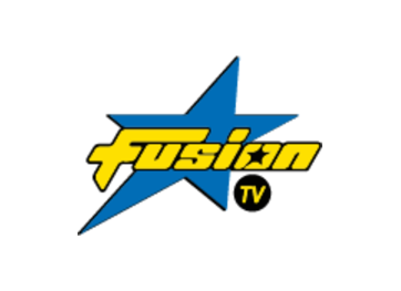 Logo de Fusion TV avec une étoile bleue et le texte en jaune.