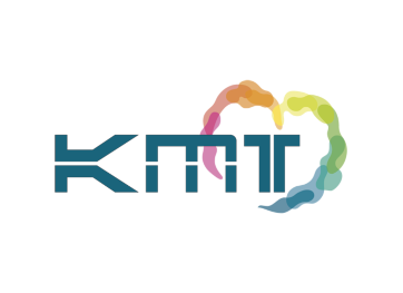 Logo de KMT avec des lettres stylisées et une courbe colorée en dégradé en forme de coeur