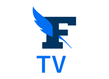 Logo de Figaro TV avec une lettre "F" stylisée et une plume bleue sur fond blanc.