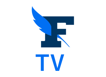 Logo de Figaro TV avec une lettre "F" stylisée et une plume bleue sur fond blanc.