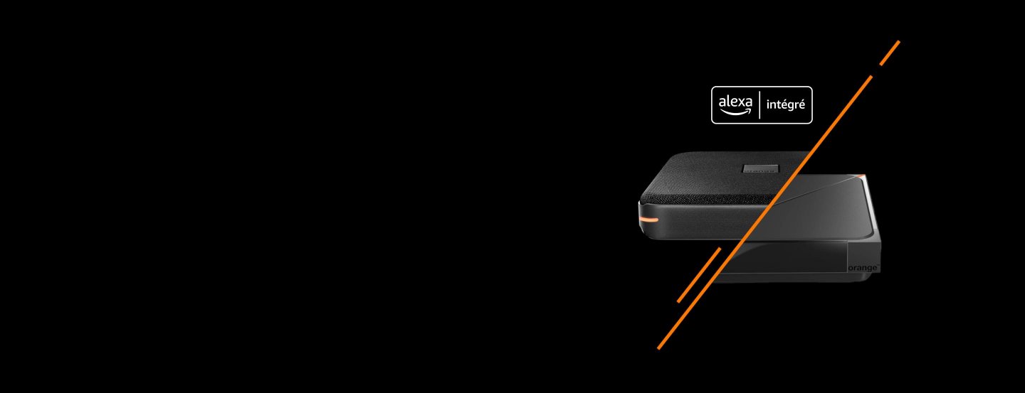 Décodeurs télé Orange TV noir avec le logo Alexa intégré, sur fond noir avec une ligne orange.