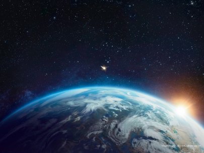 Terre vue de l'espace avec le soleil levant et des étoiles dans le ciel (généré par l'IA)