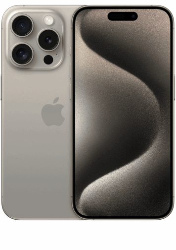 Visuel iPhone 15 Pro titane naturel de face et de dos 