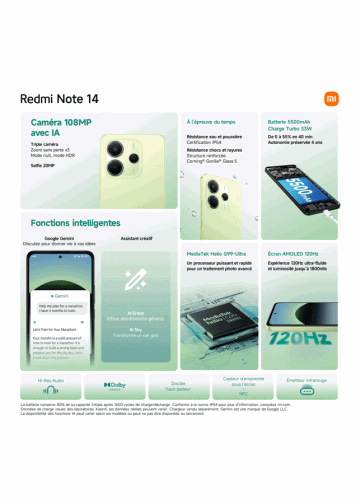  Principales caractéristiques techniques du Xiaomi Redmi Note 14 