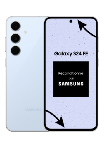 Samsung Galaxy S24 FE bleu 128 Go reconditionné parfait état de face et de dos 