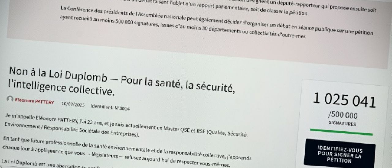 Pétition contre la loi Duplomb: plus d'1,5 million de signatures, le gouvernement marche sur des oeufs