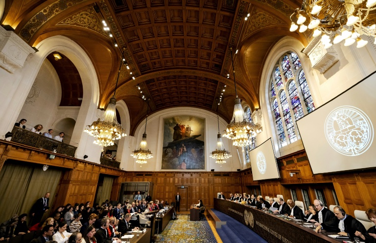 Audience devant la Cour internationale de Justice (CIJ) dans le cadre d'une affaire déposée par le Nicaragua contre l'Allemagne exigeant que les juges imposent des mesures d'urgence pour empêcher Berlin de fournir à Israël des armes et d'autres aides, le 8 avril 2024 à La Haye