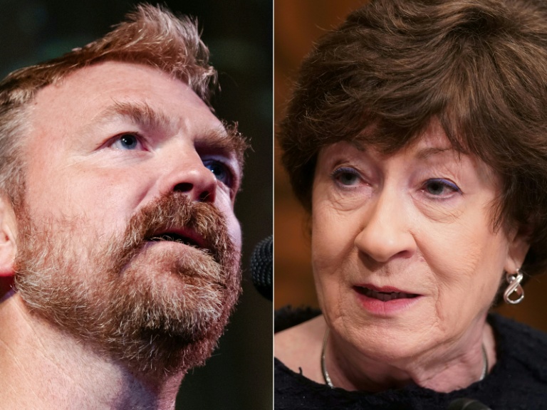 Cette combinaison de photos réalisée le 30 avril 2026 montre Graham Platner, candidat démocrate au Sénat pour l'Etat du Maine, le 22 octobre 2025 à Ogunquit, dans le Maine, et la sénatrice républicaine Susan Collins à Washington, le 23 février 2021
