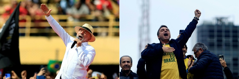 Combinaison d'images réalisée le 29 septembre 2026 présentant à gauche le président brésilien Luiz Inacio Lula da Silva à Sao Bernardo do Campo, le 16 août 2026, et à droite le candidate à la présidentielle Flavio Bolsonaro, à Sao Paulo, le 7 septembre 2026