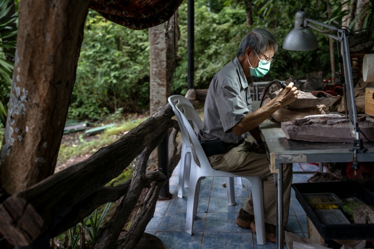 Le paléontologue Varavudh Suteethorn nettoie la terre entourant des morceaux de fossile de dinosaure dans le parc national de Phu Wiang à Khon Kaen, en Thaïlande, le 19 août 2026