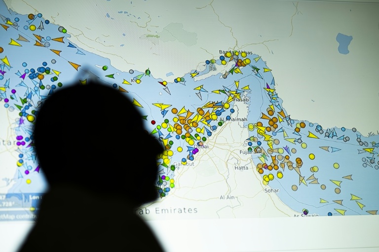 Les mouvements des navires dans le détroit d'Ormuz sur un écran projetant un site de suivi des navires, à Nicosie à Chypre le 4 mai 2026