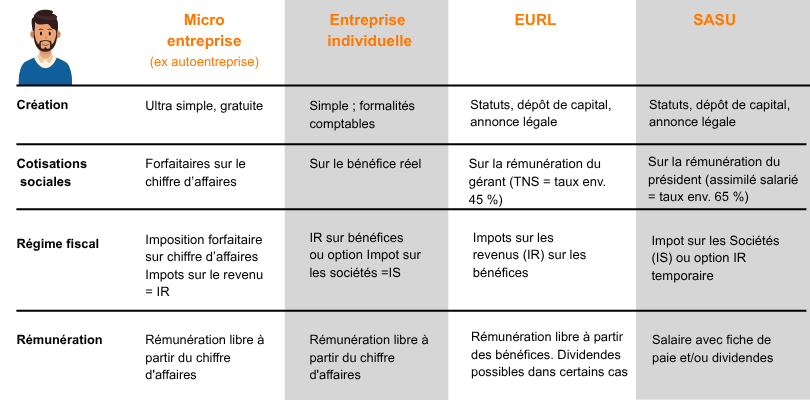 Micro EI EURL SASU tableau comparatif